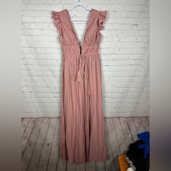 Azazie Dusty Pink Floor Length Front Slit Deep V Neck Bridesmaid Dress Sz 6 GUC - Picture 1 of 10